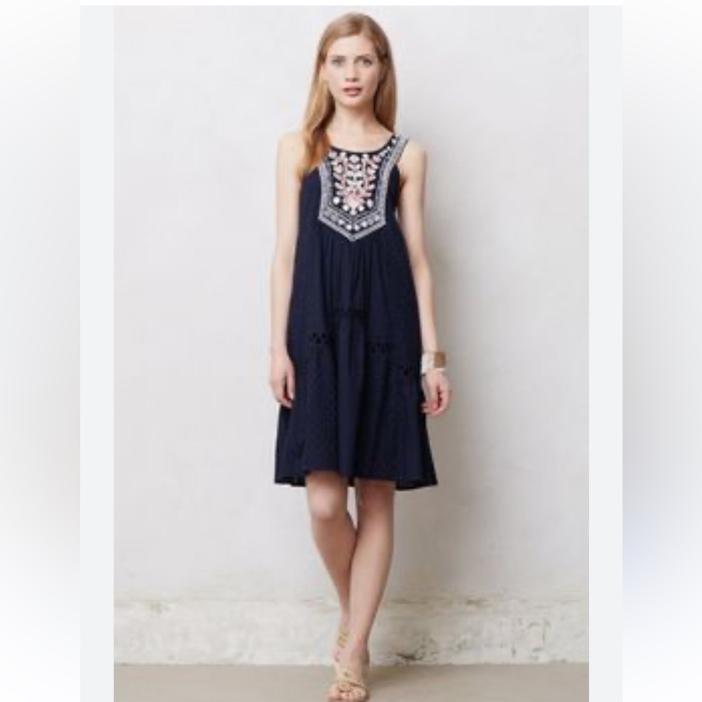 Flowy Anthropologie Mauve Brand Navy Boho Dress w/embroidery Size 2